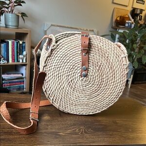 Round Woven Straw Bag with Tan Leather Strap